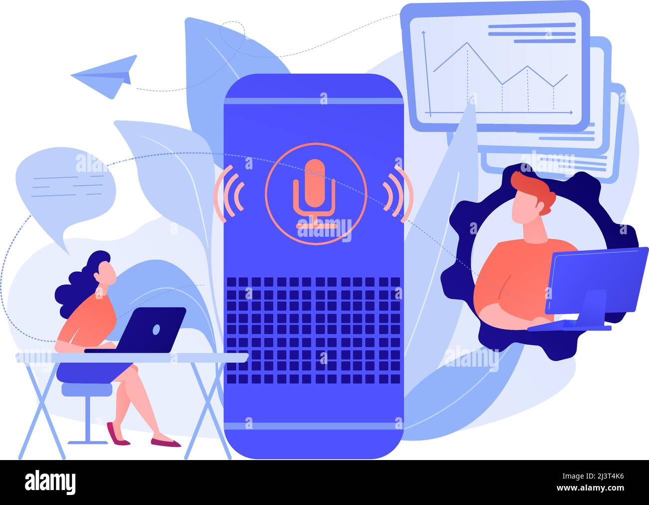 Altoparlante intelligente utilizzato dai lavoratori in ufficio. Controller per ufficio intelligente e comandi vocali, dispositivi digitali per ufficio con controllo vocale e Internet of Things Illustrazione Vettoriale