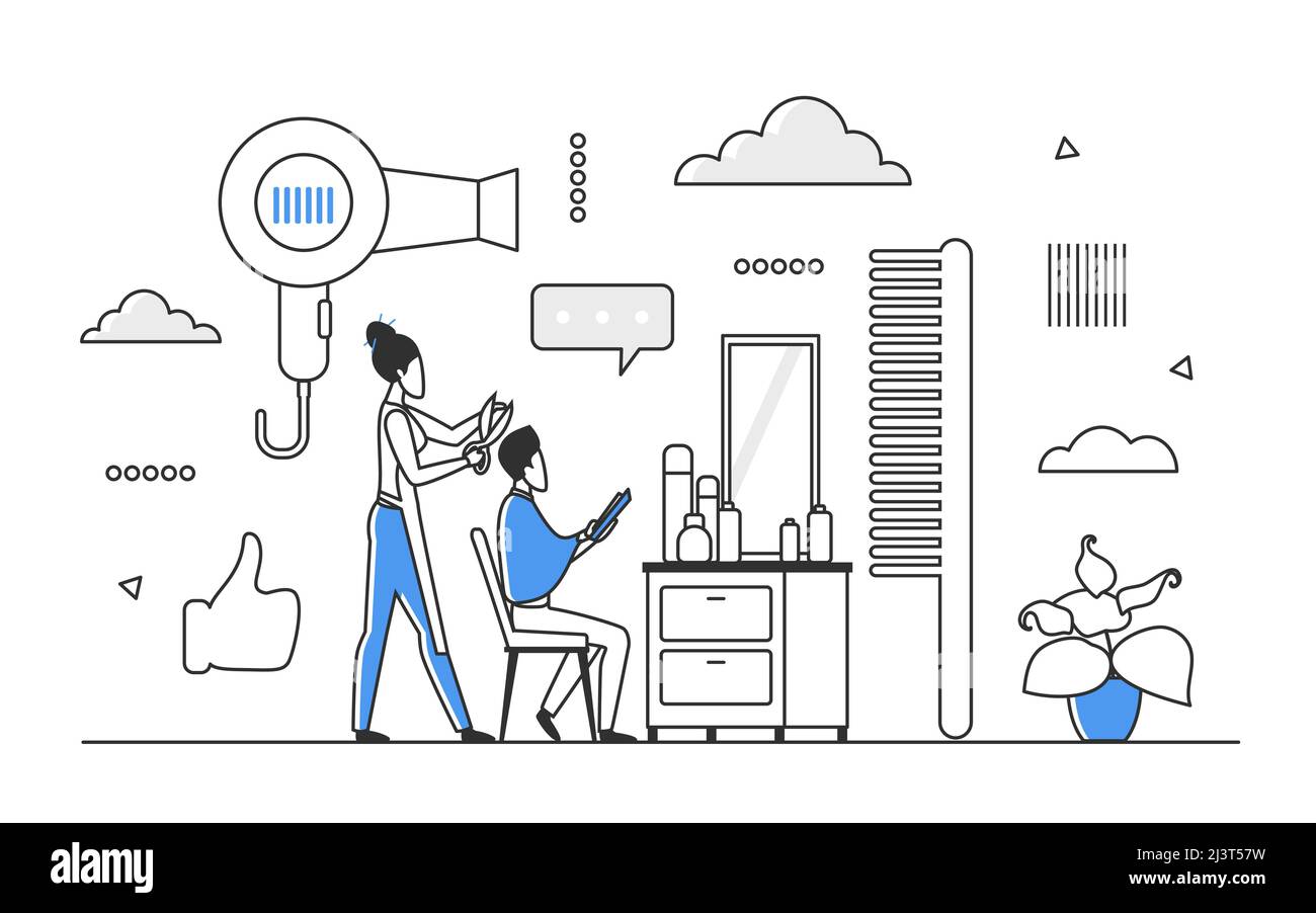 Servizio parrucchiere di bellezza. Uomo che ha capelli e cura dei capelli in professionale barbiere vettore illustrazione monocolor Illustrazione Vettoriale