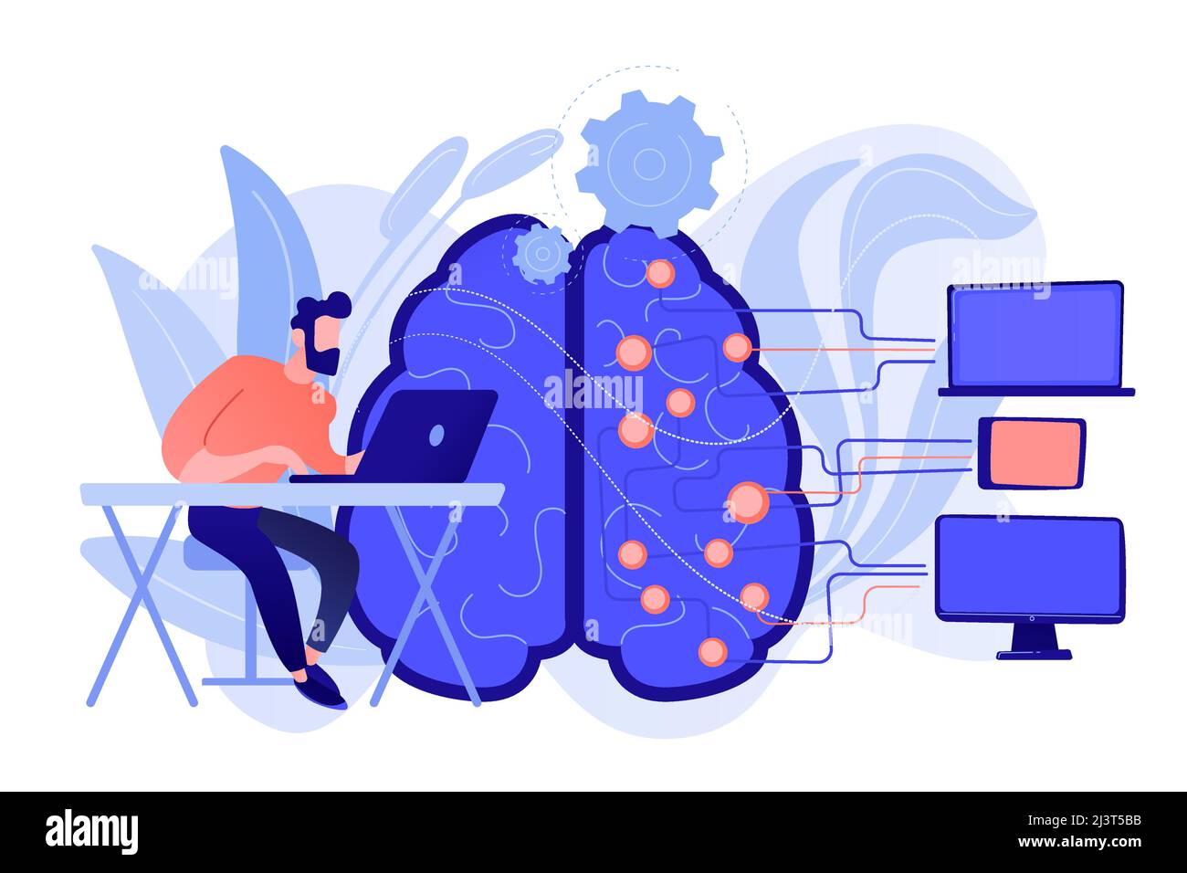 Cervello con circuito digitale e programmatore con computer portatile. Apprendimento automatico, intelligenza artificiale, cervello digitale e concep processo di pensiero artificiale Illustrazione Vettoriale