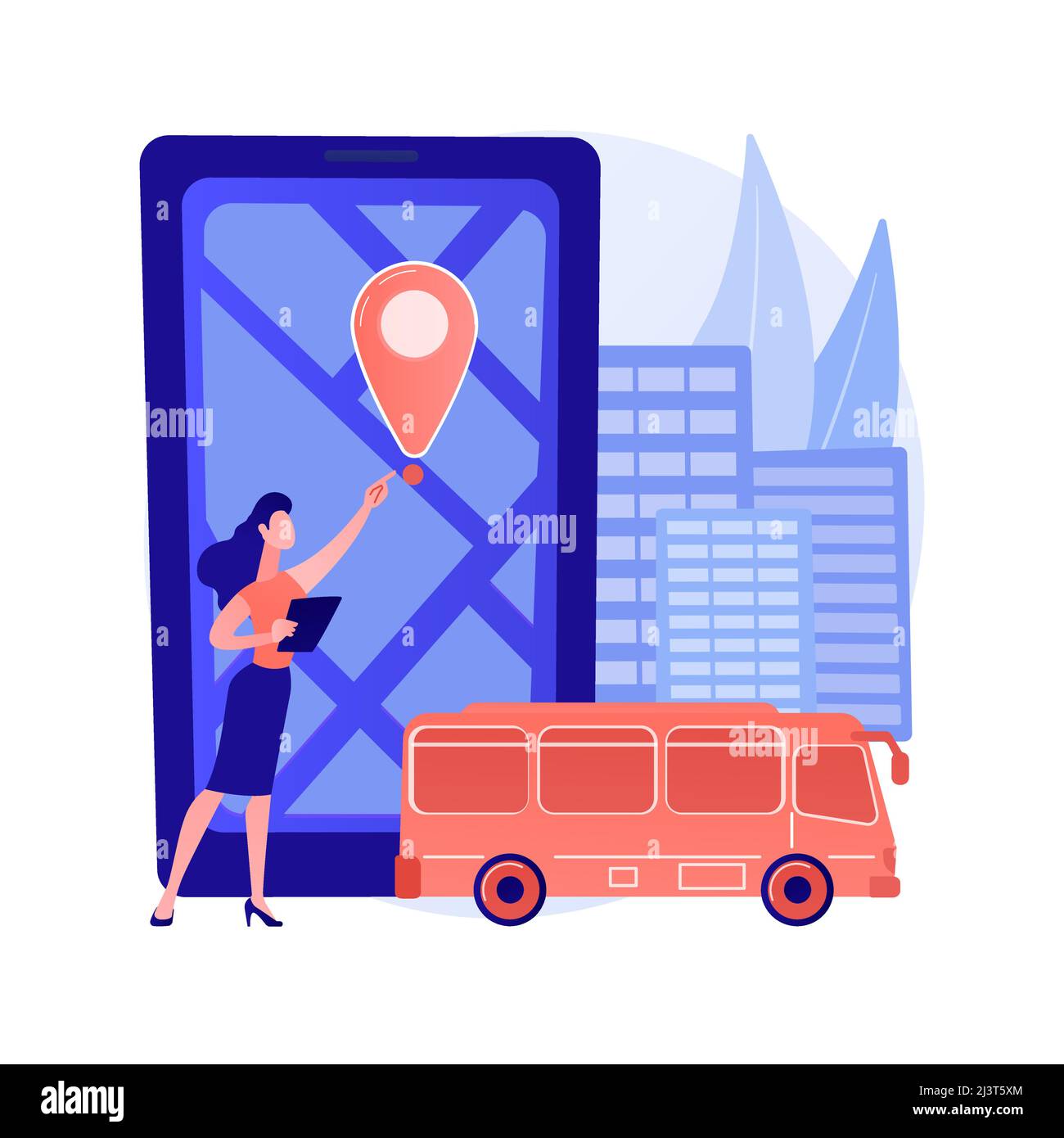 Illustrazione vettoriale del concetto astratto del sistema di tracciamento del bus scolastico. Applicazione di tracciamento degli autobus, sistema di trasporto intelligente per la scuola, localizzatore GPS, m Illustrazione Vettoriale