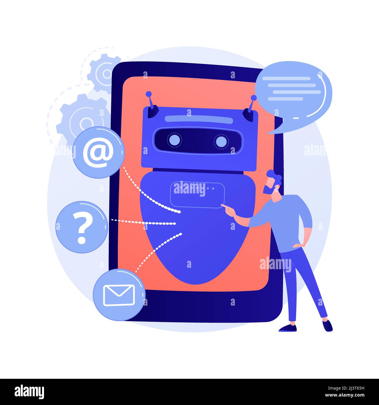 Illustrazione vettoriale del concetto astratto di intelligenza artificiale di chatbot. Intelligenza artificiale, servizio chatbot, supporto interattivo, apprendimento automatico, Illustrazione Vettoriale