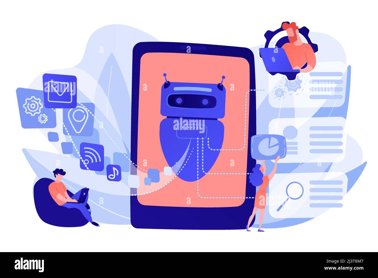 Programmatori e chatbot che elaborano il linguaggio naturale. Elaborazione del linguaggio naturale, linguaggio naturale chatbot, concetto di spavento del linguaggio naturale. Rosone c Illustrazione Vettoriale