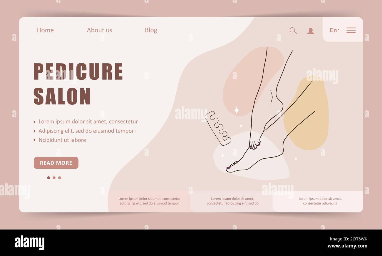 Modello di pagina di destinazione del servizio pedicure. Mani femminili lineari. Logo di bellezza per studio manicure o centro benessere. Illustrazione vettoriale in stile cartoon piatto Illustrazione Vettoriale