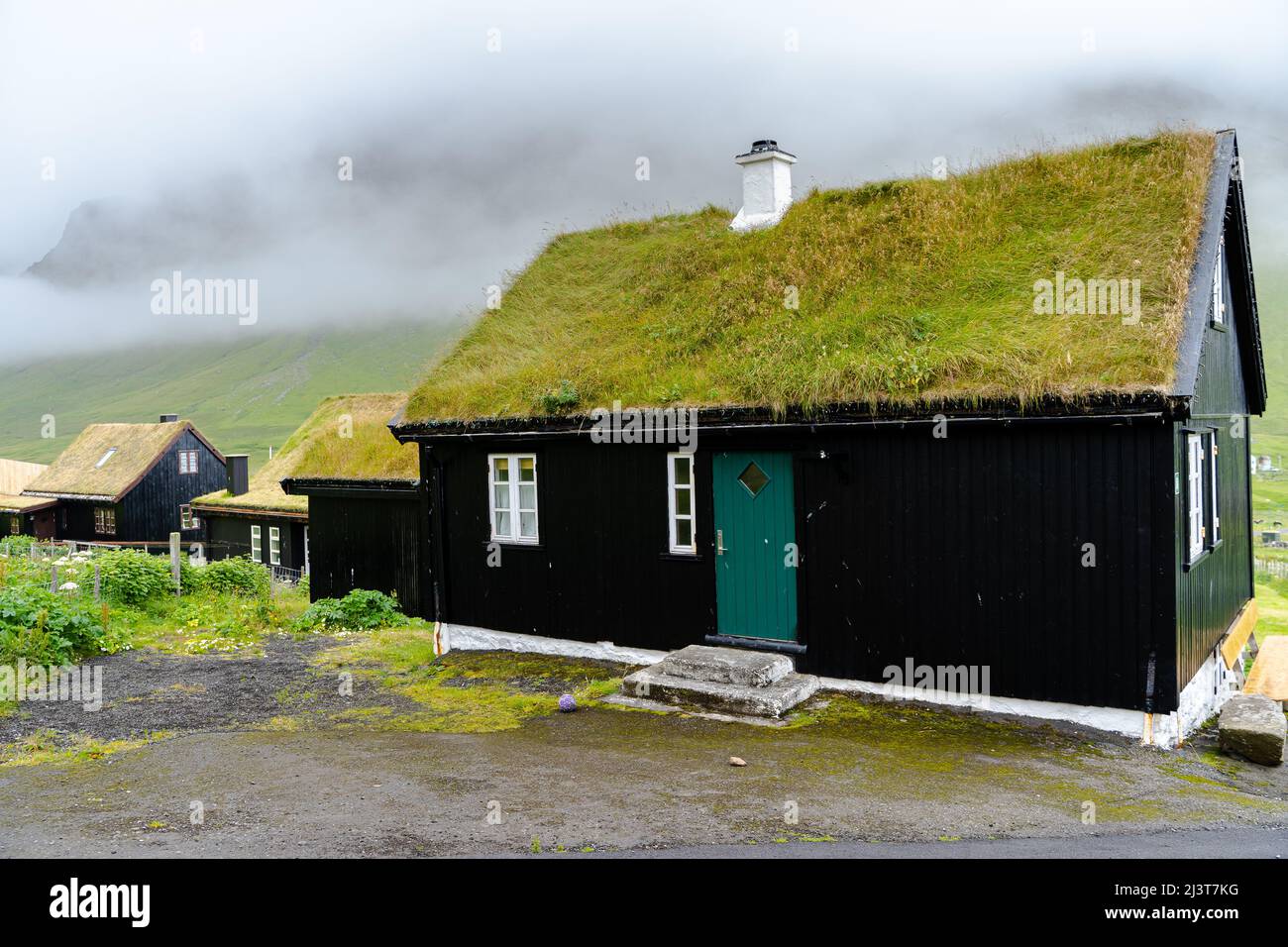 Vista ravvicinata della bella casa nera con erba sul tetto delle Isole Faroe Foto Stock