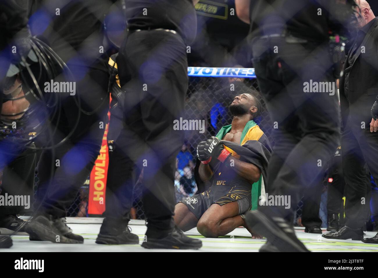 Jacksonville, Florida, Jacksonville, Florida, Stati Uniti. 9th Apr 2022. JACKSONVILLE, FL - 9 APRILE: Aljamain Sterling celebra la sua vittoria su Petr Yan nella loro lotta di peso corporeo durante l'evento UFC 273 alla Vystar Memorial Arena il 9 aprile 2022 a Jacksonville, Florida, Stati Uniti. (Credit Image: © Louis Grasse/PX Imagens via ZUMA Press Wire) Credit: ZUMA Press, Inc./Alamy Live News Foto Stock