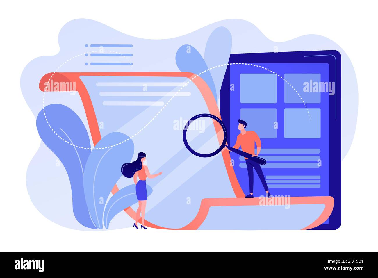 Piccola gente di affari con la lente di ingrandimento che legge il documento elettronico di carta. Carta elettronica, tecnologia e-ink, concetto di visualizzazione a basso consumo energetico. Perno Illustrazione Vettoriale