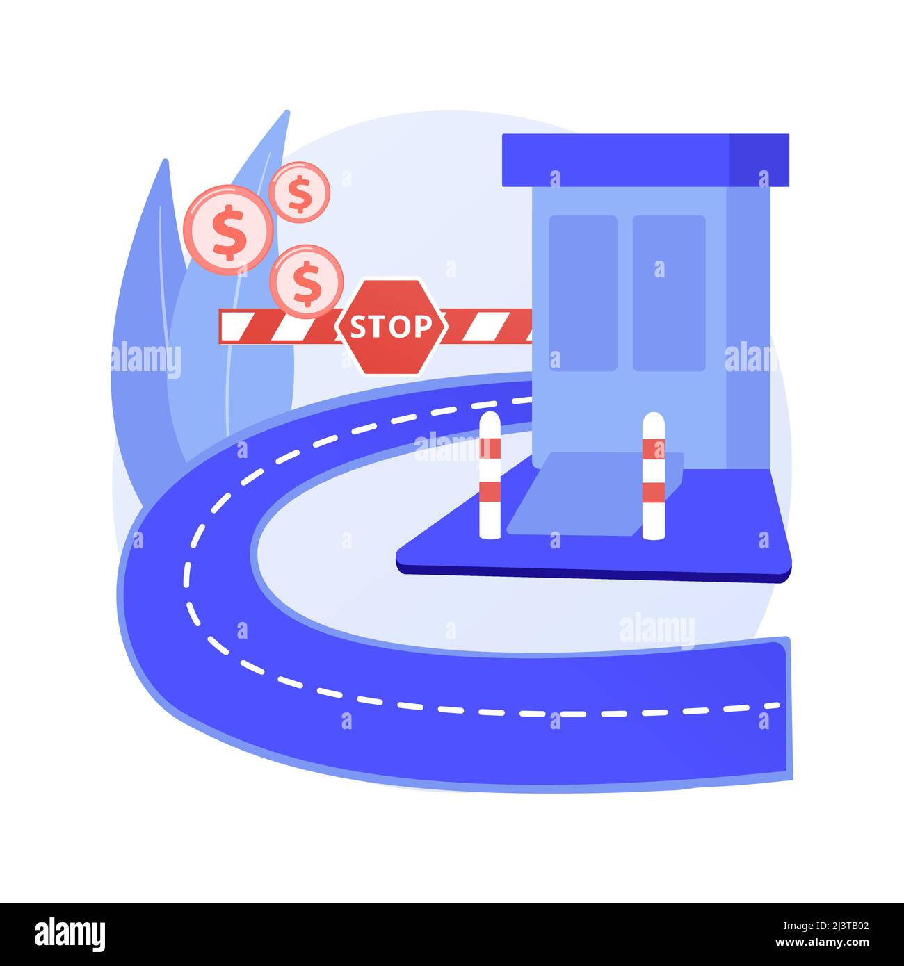 Illustrazione vettoriale del concetto astratto della strada a pedaggio. Pedaggio, corsia a pedaggio espresso, autostrada a pagamento, strada principale, carta d'ingresso autostrada, collettore di pagamento Illustrazione Vettoriale