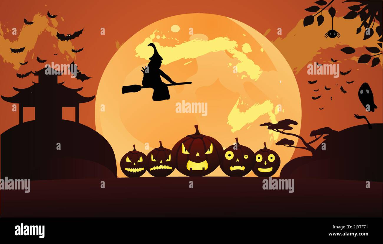Halloween campo sfondo con zucche, arancione horror notte con Luna piena, illustrazione. Illustrazione Vettoriale