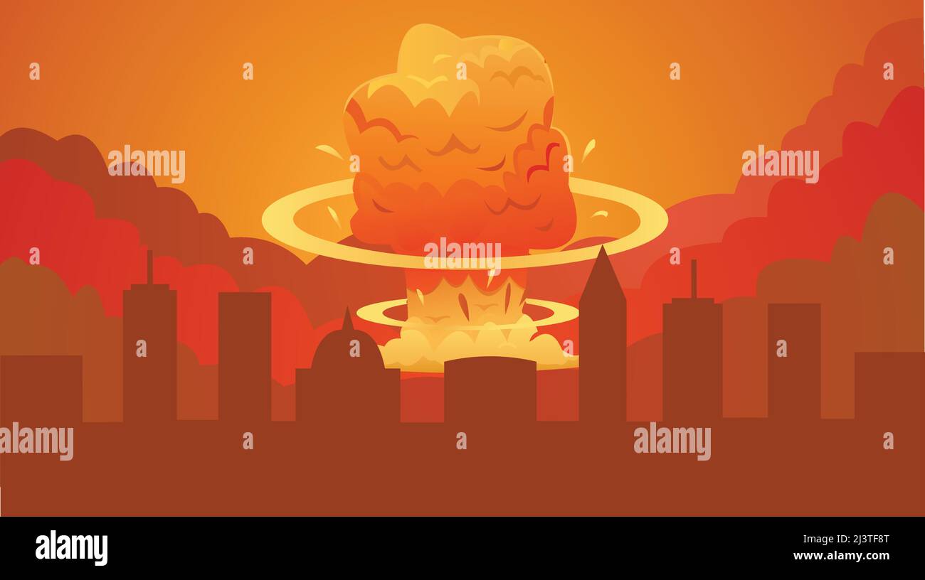 Esplosione atomica bomba, esplosione nucleare arancione brillante cappuccio di nube di fungo in città cartoon poster astratto illustrazione vettoriale. Illustrazione Vettoriale