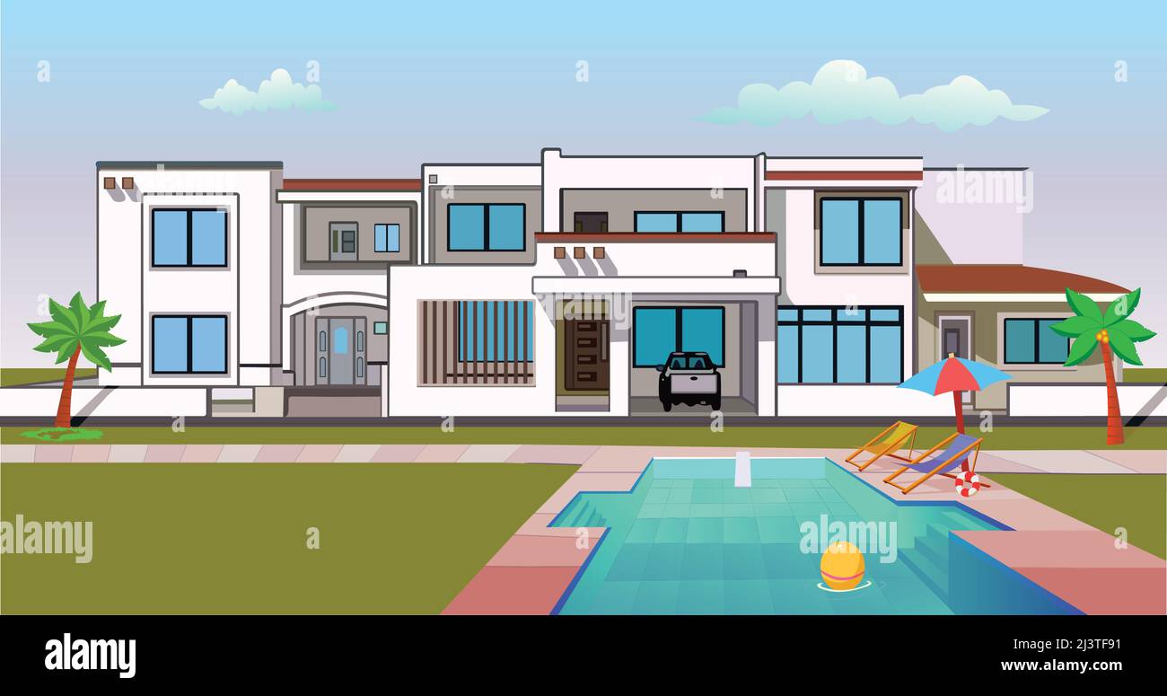 Immobiliare moderno casa con piscina in stile appartamento Vector Illustration. Illustrazione Vettoriale