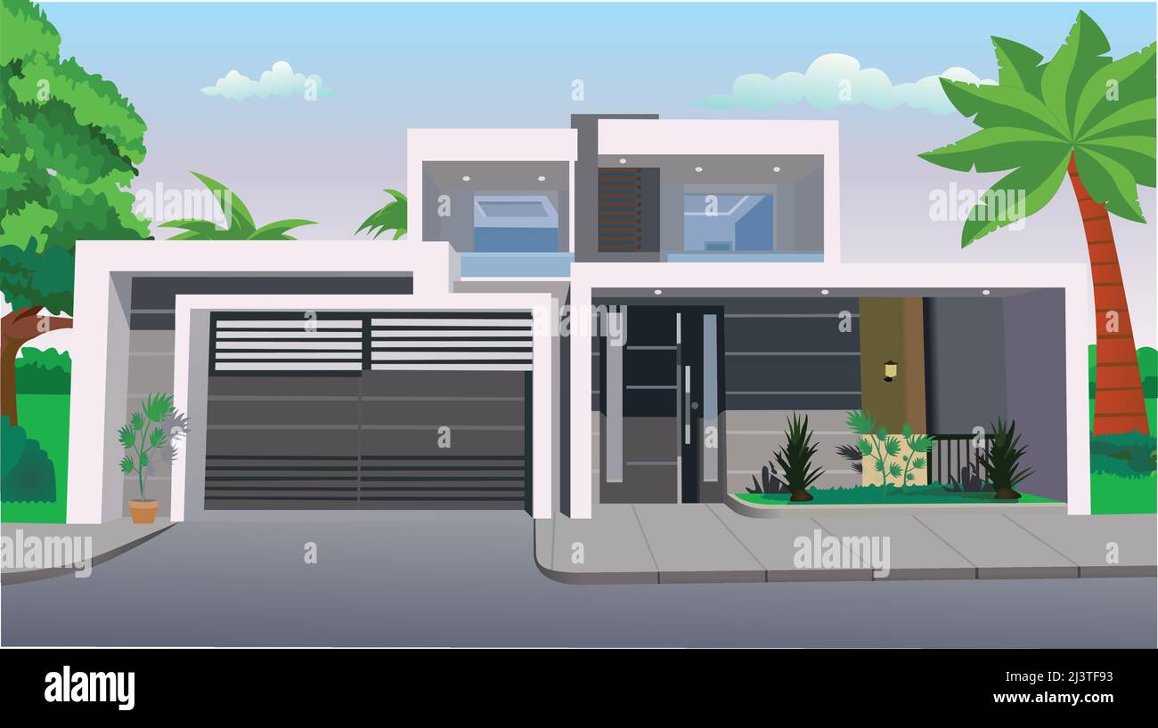 Immobiliare moderno casa con piscina in stile appartamento Vector Illustration. Illustrazione Vettoriale