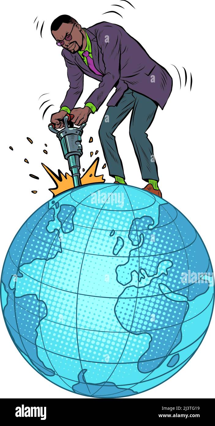 Un uomo d'affari africano con un martello a martello estrae risorse naturali dal pianeta terra. L'economia mondiale. Business globale. Pop Art retro Vector il Illustrazione Vettoriale