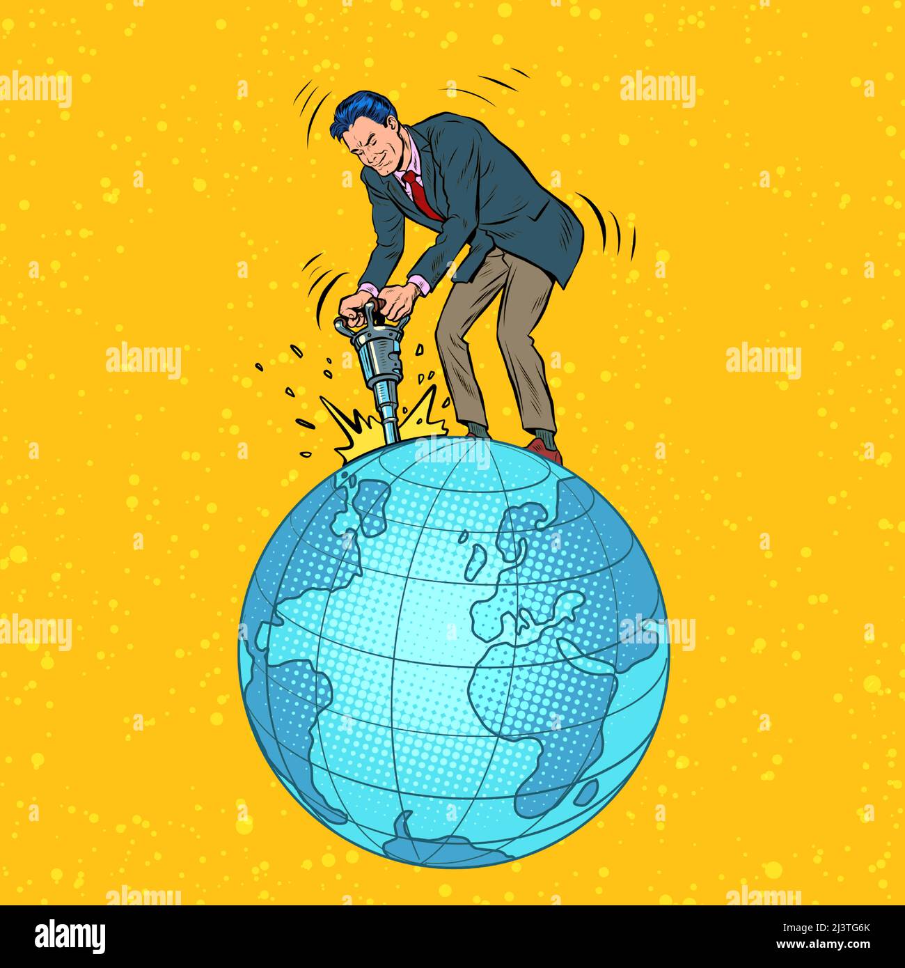 Un uomo d'affari con un martello estrae risorse naturali dal pianeta terra. L'economia mondiale. Business globale. Pop Art retro Vector Illustrati Illustrazione Vettoriale