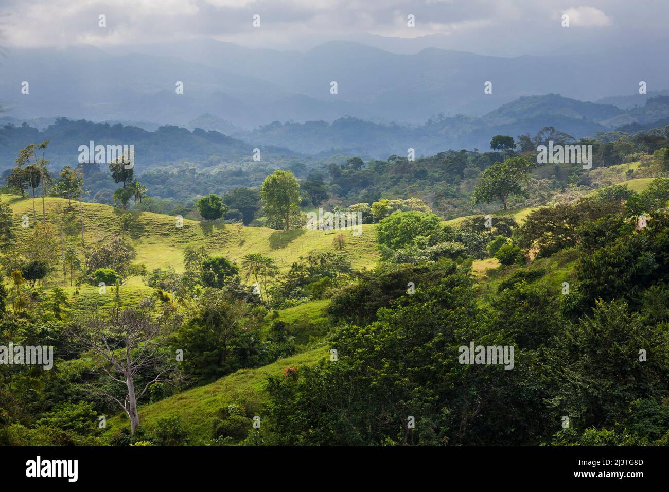 Paesaggio di Panama con pascoli, colline e foreste nelle montagne vicino a Coclecito, provincia di Colle, Repubblica di Panama, America Centrale. Foto Stock