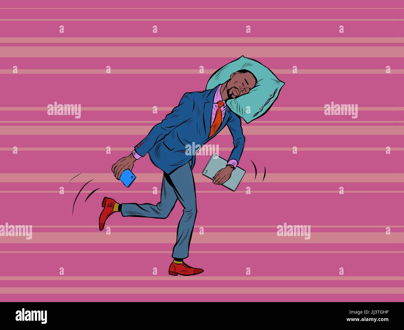 Un uomo d’affari africano stanco dorme in movimento. Va al lavoro la mattina con la testa su un cuscino. Pop Art retro Vector Illustration 50s 60s Vinta Illustrazione Vettoriale