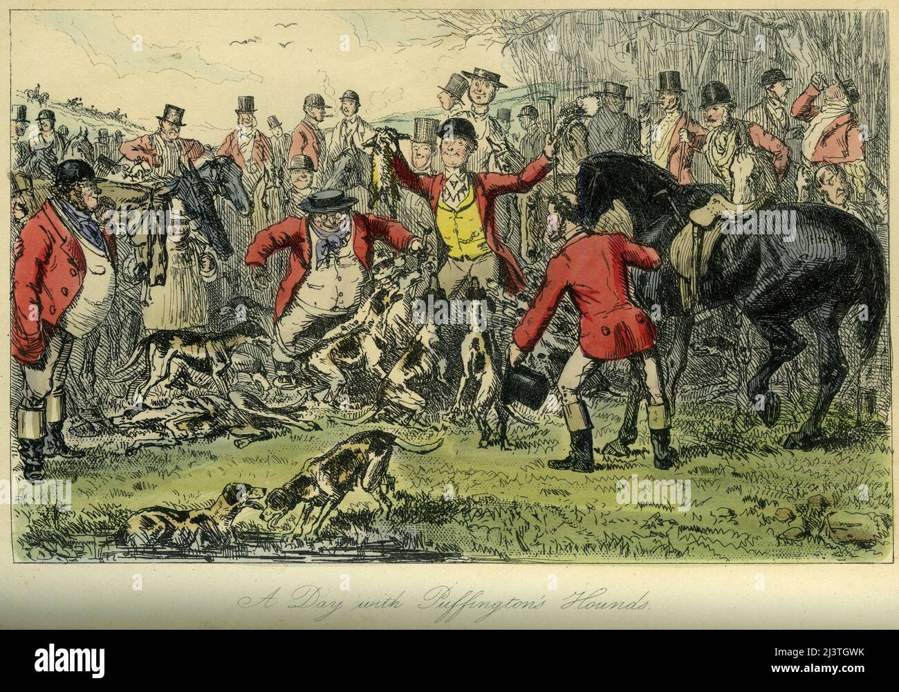 Un giorno con i hounds di Puffington.. Incisione a mano in acciaio di John Leech del MR. Sponge’s Sporting Tour di Robert Smith Surtees, circa 1850. Un pilota tiene la carcassa di una volpe alla fine di una tradizionale spedizione di caccia alla volpe inglese di successo. Foto Stock