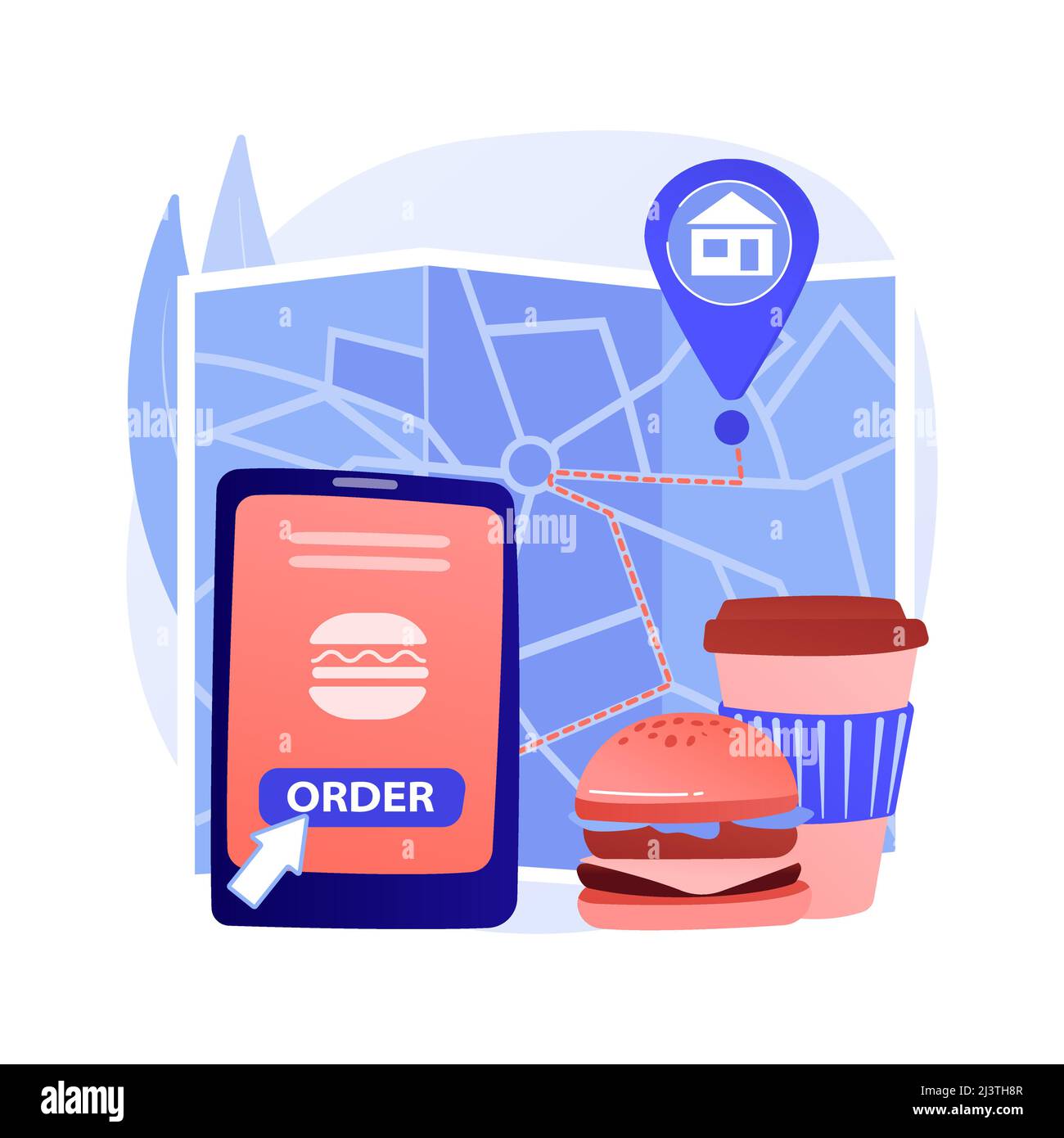 Illustrazione vettoriale del concetto astratto di consegna degli alimenti. Spedizione dei prodotti durante il coronavirus, shopping sicuro, servizi di autoisolamento, ordine online, soggiorno ho Illustrazione Vettoriale