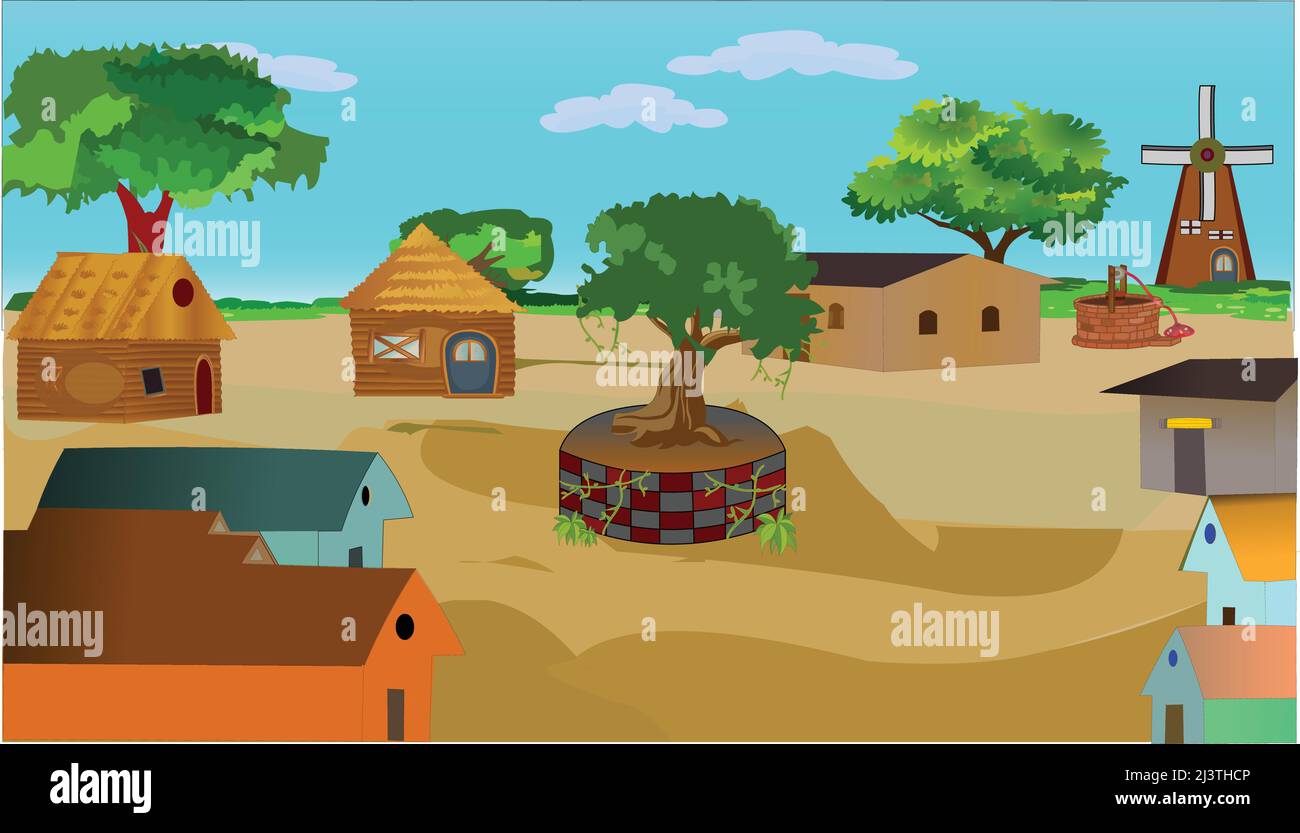 Village campo casa vista vettoriale arte. Illustrazione Vettoriale