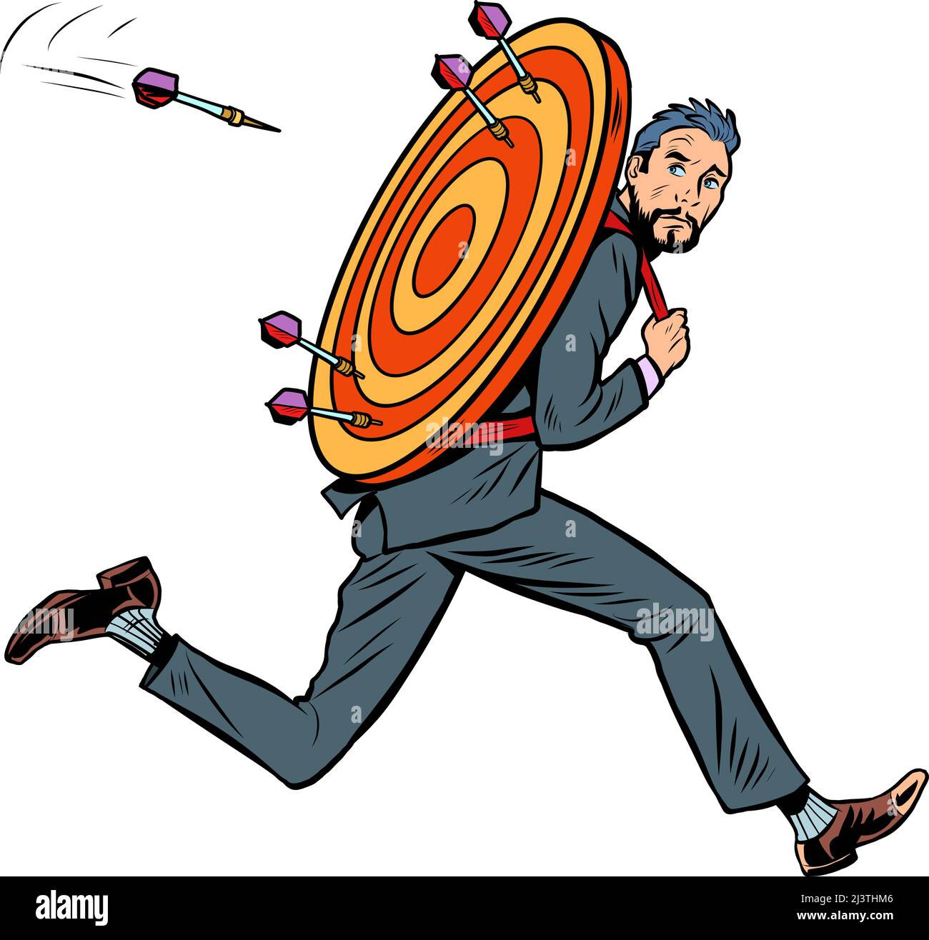 businessman man man man bersaglio corre via bersaglio dart obiettivo precisione concorrenza, sport divertimento e ricreazione. Pop art retro vettore illustrazione comic caricatur Illustrazione Vettoriale