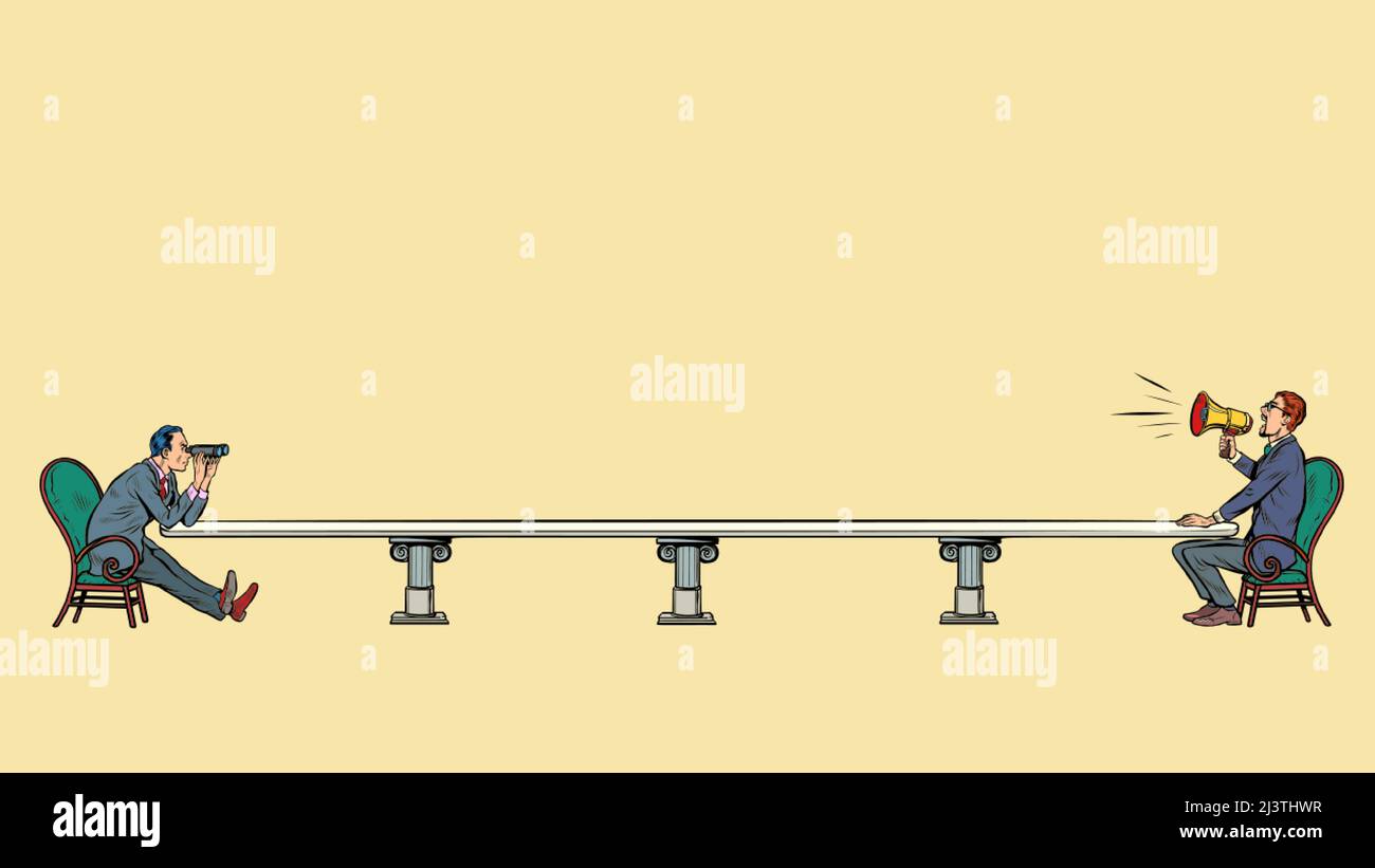 Negoziati commerciali, riunione. Politica diplomazia in stile russo quarantena cremlino. Pop art retro illustrazione vettoriale comic caricatura 50s 60s stile Illustrazione Vettoriale