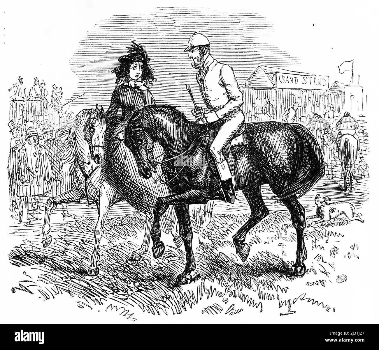 Il signor Sponge e Lucy luccicano ad un ippodromo. Incisione in acciaio di John Leech del MR. Sponge’s Sporting Tour di Robert Smith Surtees, circa 1850 Foto Stock