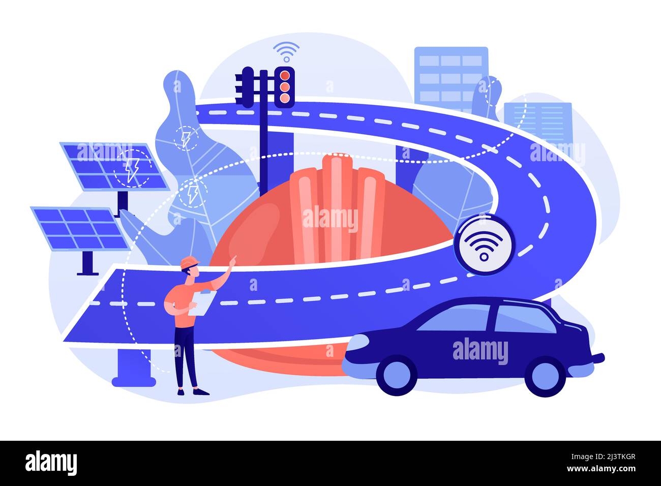 Ingegnere edile e strada intelligente utilizzando sensori ed energia solare. Costruzione di strade intelligenti, tecnologia delle autostrade intelligenti, concetto di tecnologia delle città IoT. Rosa Illustrazione Vettoriale