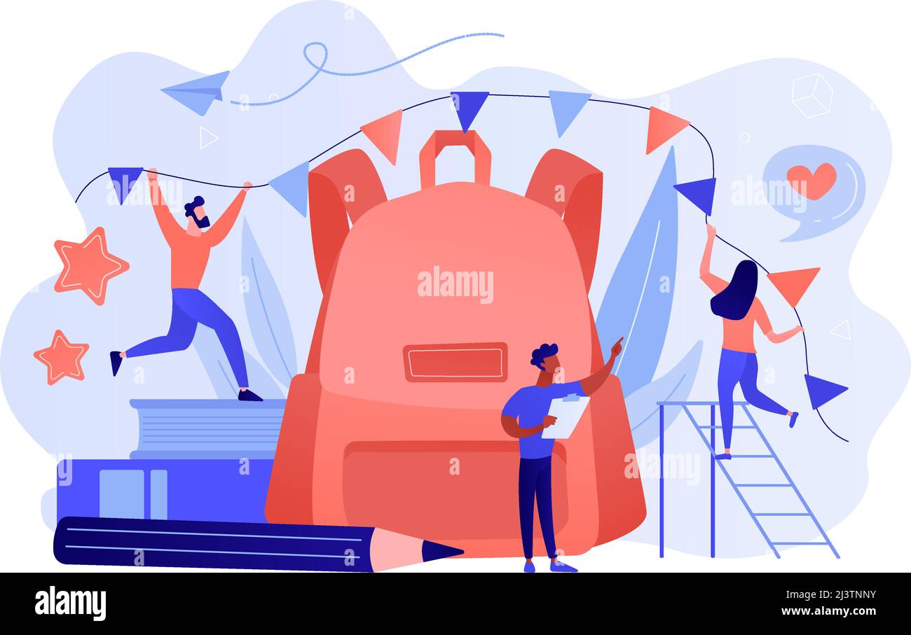 Zaino grande, libri, insegnanti e studenti decorando con colorate bandiere festive. Organizzare festa di ritorno a scuola, nuovo concetto di celebrazione dell'anno scolastico. Illustrazione Vettoriale