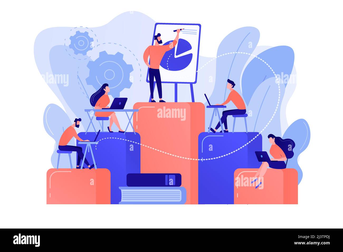 Dipendenti con notebook che imparano presso un tirocinio professionale. Istruzione interna, formazione dei dipendenti, concetto di programma di sviluppo professionale. Arredo rosato Illustrazione Vettoriale