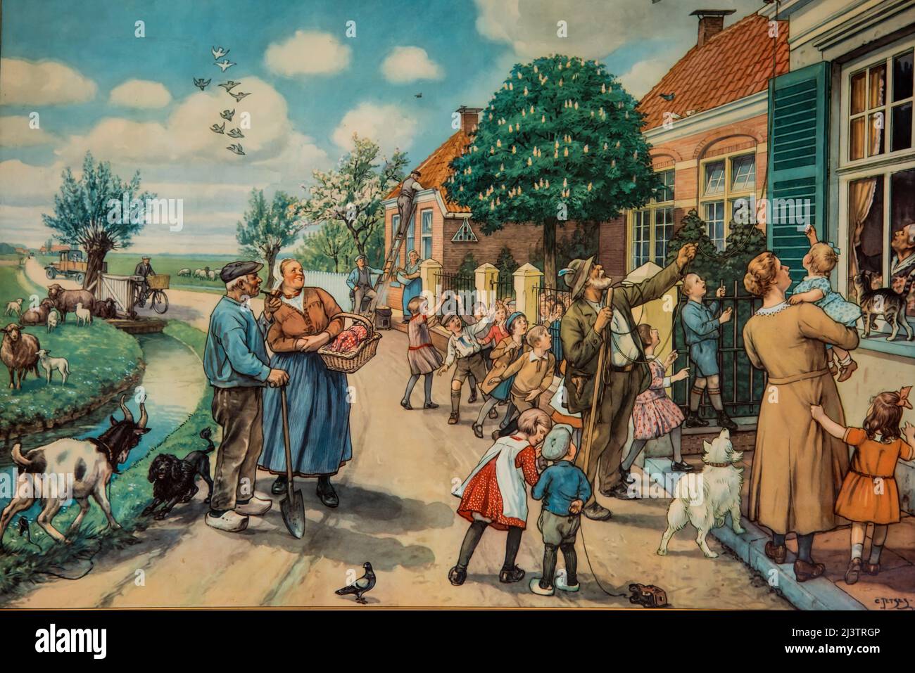 Hoorn, Paesi Bassi, aprile 2022. Decorazioni murali in vecchio stile di una scuola elementare olandese del 1950s. Foto di alta qualità Foto Stock