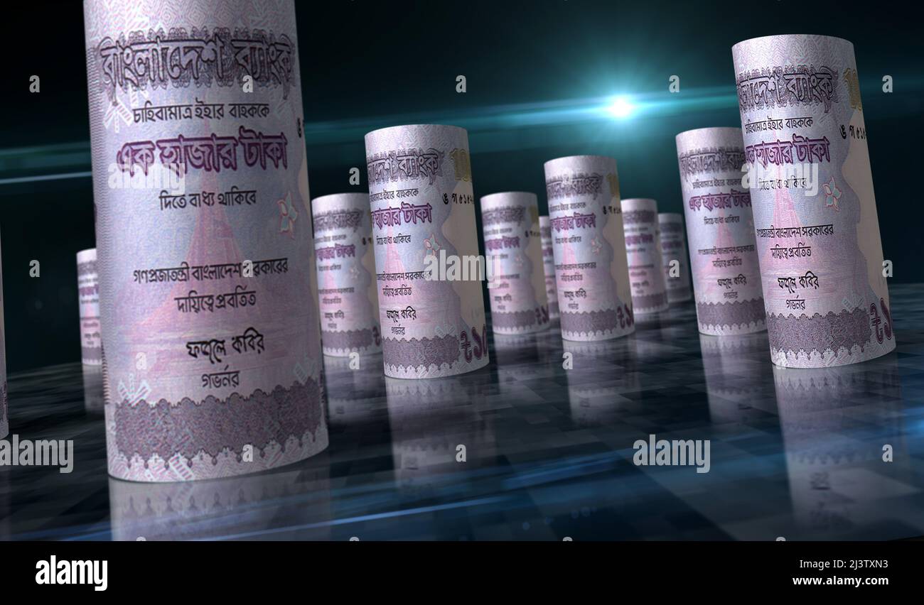 Illustrazione del rullo di denaro del Bangladesh Taka 3D. Banconota BDT arrotolata. Concetto di finanza, cassa, crisi economica, successo aziendale, recessione, banca, tasse e. Foto Stock