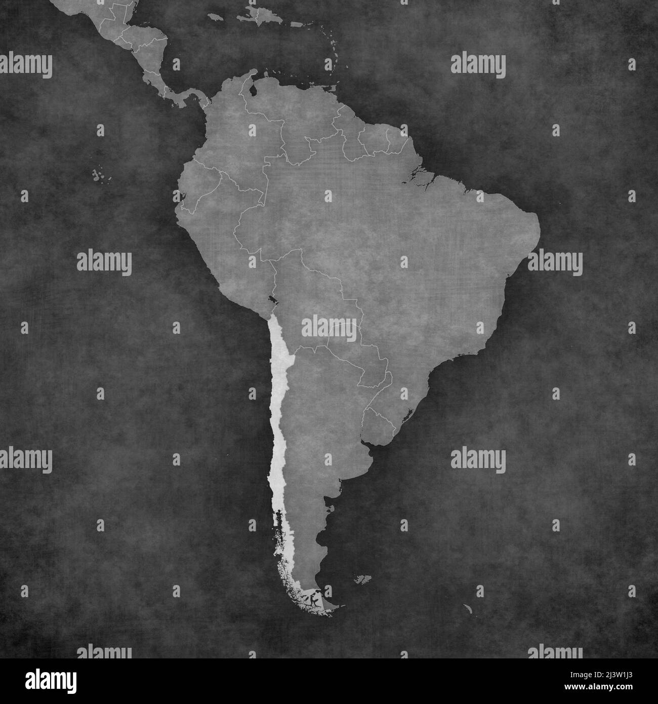 Cile sulla mappa del Sud America. La mappa è in stile vintage bianco e nero. La mappa ha una grunge morbida e retrò vecchia atmosfera di carta. Foto Stock