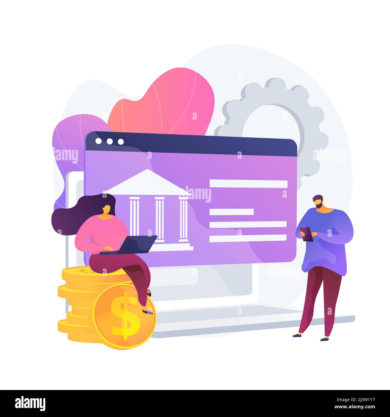 Accesso ai dati bancari aperto. Servizi finanziari, sviluppo di app di pagamento mobile, tecnologia API. Sviluppatori Web che progettano piattaforme bancarie. Isola vettore Illustrazione Vettoriale