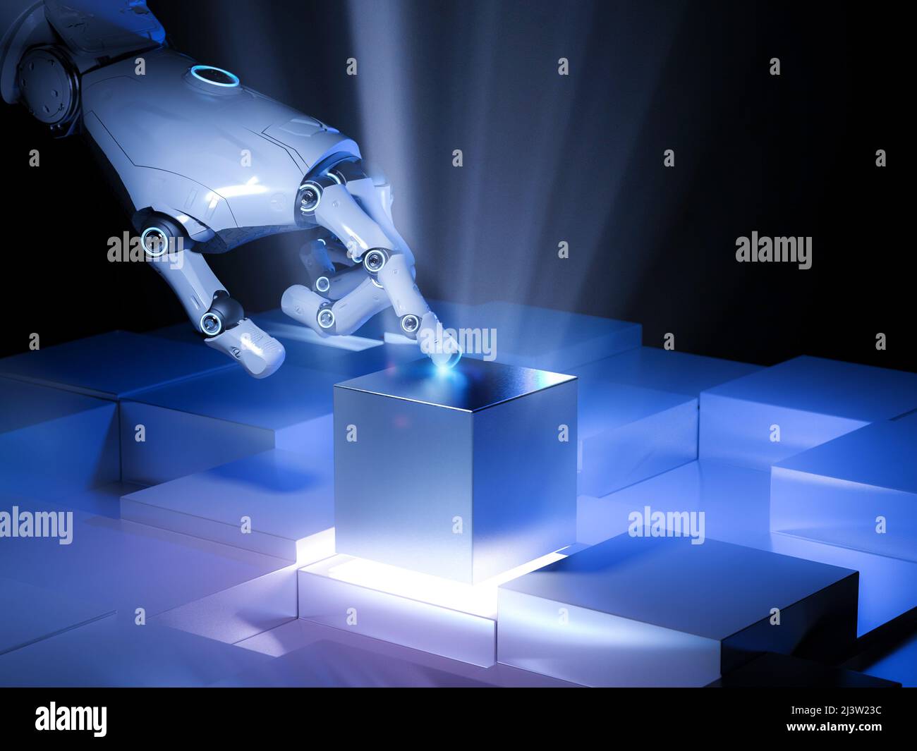 La tecnologia di automazione concetto con 3D rendering cyborg mano premere il pulsante di alimentazione Foto Stock