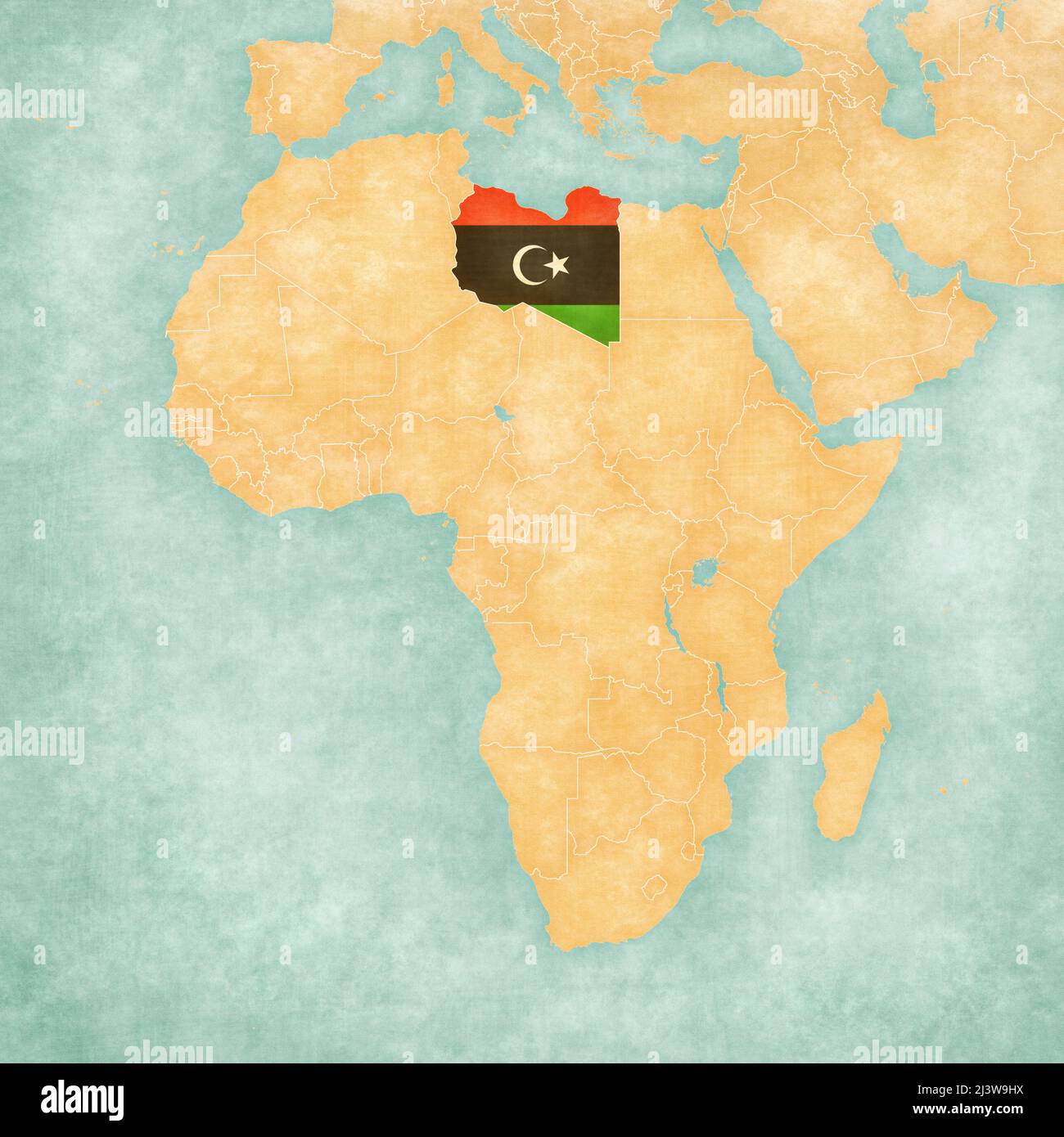 Libia (bandiera libica) sulla mappa dell'Africa. La mappa è in morbido  grunge e vintage stile, come la pittura acquerello su carta vecchia Foto  stock - Alamy