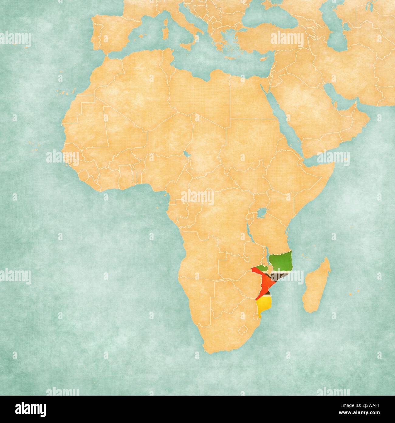 Mozambico (bandiera mozambicana) sulla mappa dell'Africa. La mappa è in morbido grunge e vintage stile, come la pittura acquerello su carta vecchia. Foto Stock