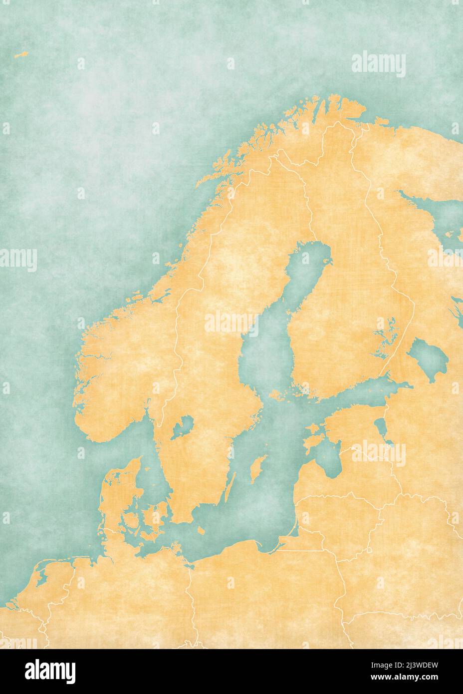 Mappa vuota della Scandinavia con confini nazionali. La mappa è in morbido grunge e vintage stile, come la pittura acquerello su carta vecchia. Foto Stock