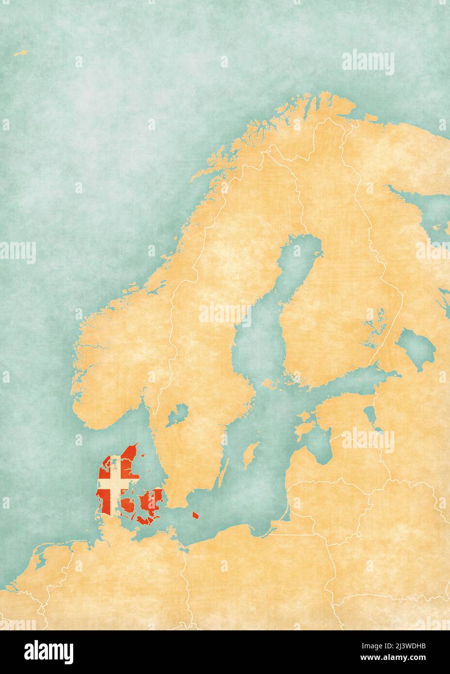 Danimarca (bandiera danese) sulla mappa della Scandinavia in morbido grunge e stile vintage, come la pittura acquerello su carta vecchia. Foto Stock