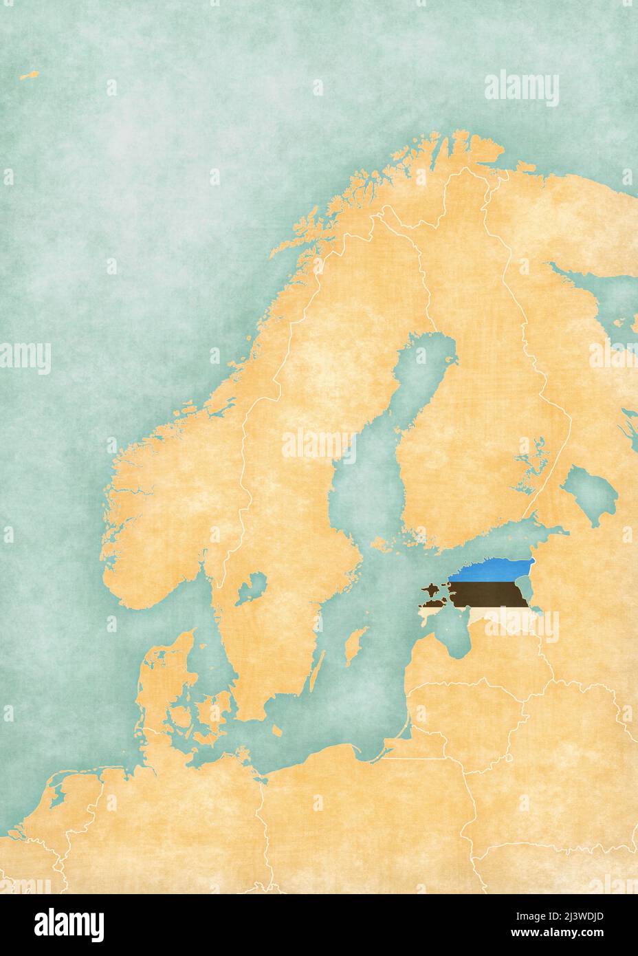 Estonia (bandiera estone) sulla mappa della Scandinavia. La mappa è in morbido grunge e vintage stile, come la pittura acquerello su carta vecchia. Foto Stock