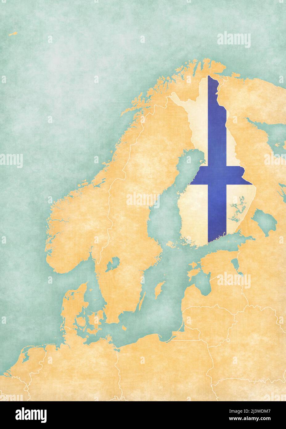 Finlandia (bandiera finlandese) sulla mappa della Scandinavia. La mappa è in morbido grunge e vintage stile, come la pittura acquerello su carta vecchia. Foto Stock