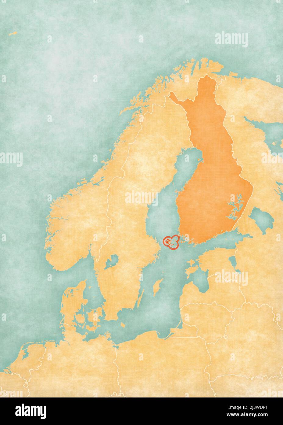 Isole Aland (Finlandia) sulla mappa della Scandinavia. La mappa è in morbido grunge e vintage stile, come la pittura acquerello su carta vecchia. Foto Stock