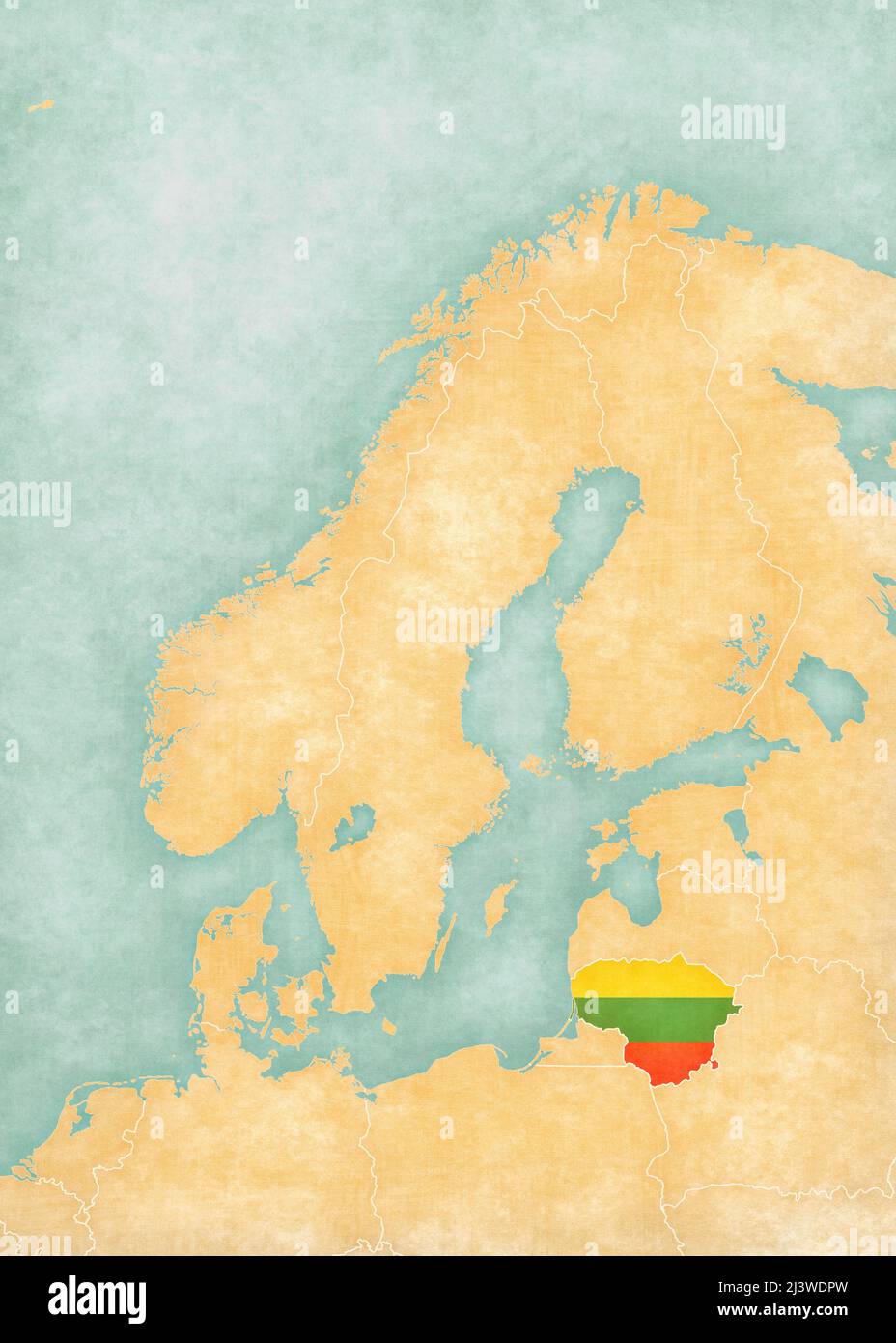 Lituania (bandiera lituana) sulla mappa della Scandinavia. La mappa è in morbido grunge e vintage stile, come la pittura acquerello su carta vecchia. Foto Stock
