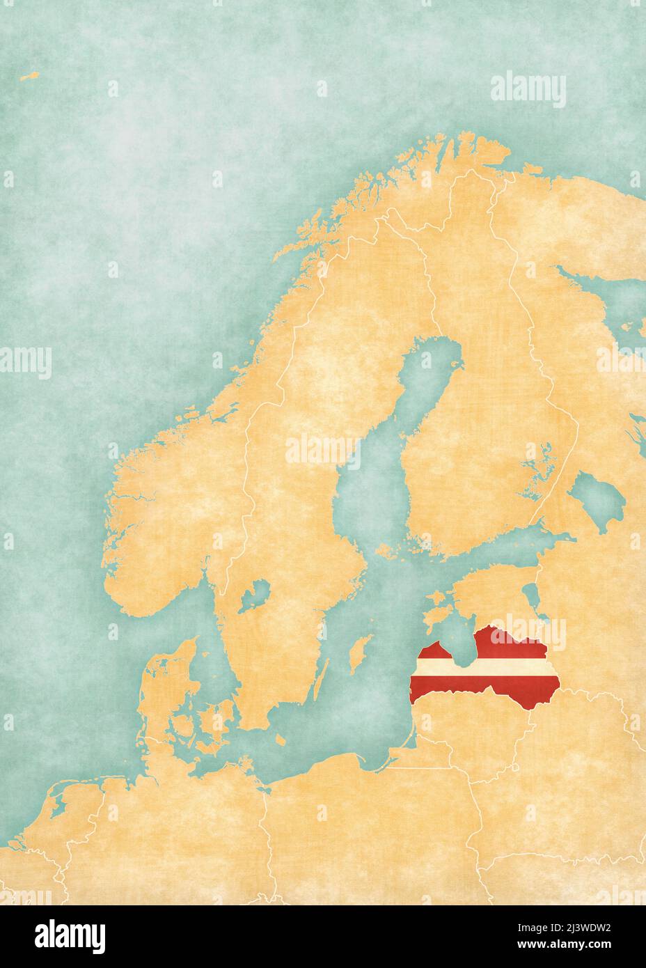 Lettonia (bandiera lettone) sulla mappa della Scandinavia. La mappa è in morbido grunge e vintage stile, come la pittura acquerello su carta vecchia. Foto Stock