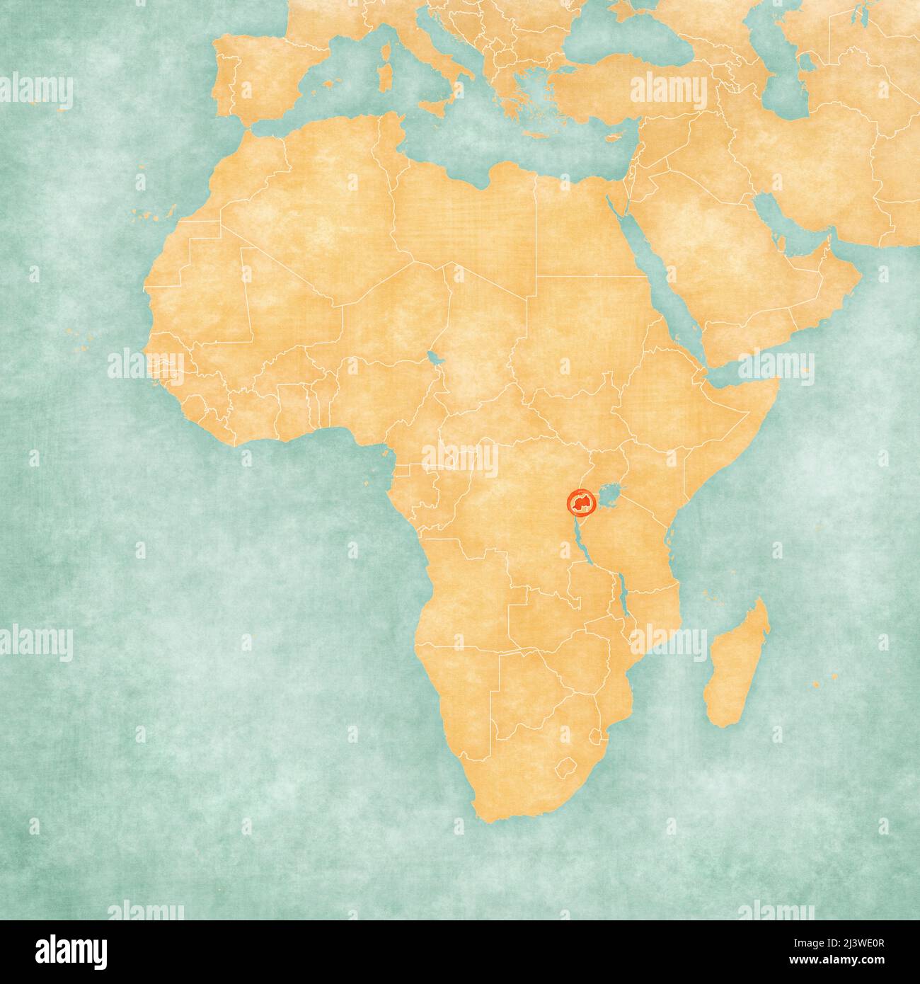 Ruanda sulla mappa dell'Africa. La mappa è in morbido grunge e vintage stile, come la pittura acquerello su carta vecchia. Foto Stock