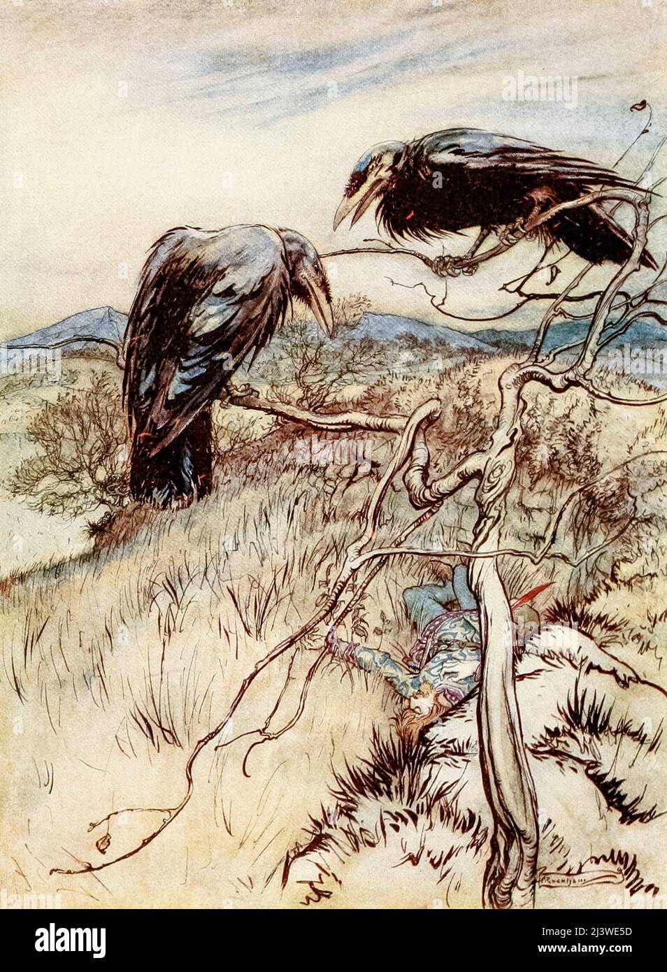 Dalla Ballad ' I DUE CORBIES ' (i tre Raven) che apparve nel libro ' alcune ballate britanniche ' illustrato da Arthur Rackham, Editore New York : Dodd, Mead 1919. La ballata prende la forma di tre uccelli scavenger che conversano su dove e cosa dovrebbero mangiare. Si parla di un cavaliere appena ucciso, ma scoprono che è custodito dai suoi falchi e dai suoi leali. Inoltre, una 'femmina del cervo', una metafora ovvia per la gravidanza del cavaliere ('grande con la giovane come potrebbe andare') amante o amante (vedere 'uomo') viene al suo corpo, bacia le sue ferite, lo porta via, e lo seppellisce, lasciando la rav Foto Stock