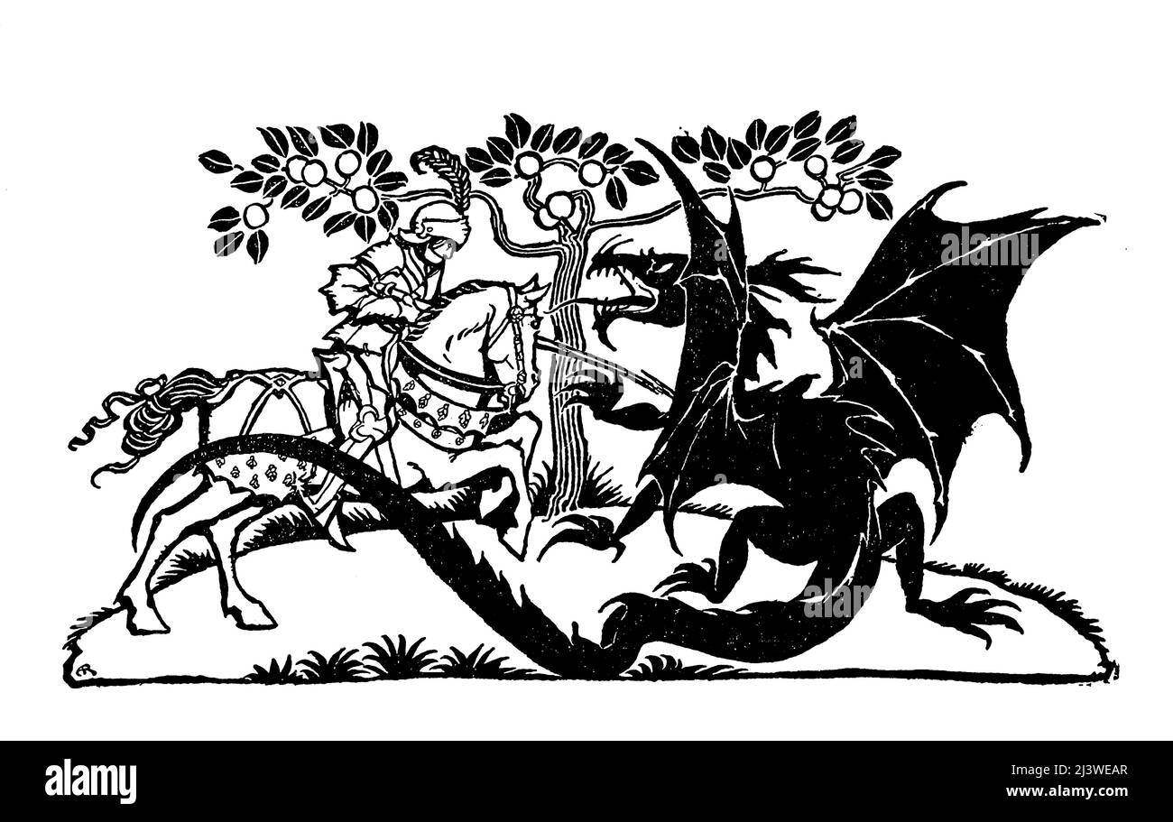 St. George slays The Dragon silhouette in bianco e nero dal libro ' English Fairy Tales ' retold di Flora Annie Steel, Webster, illustrato da Arthur Rackham, Editore New York, la società Macmillan 1918 Foto Stock