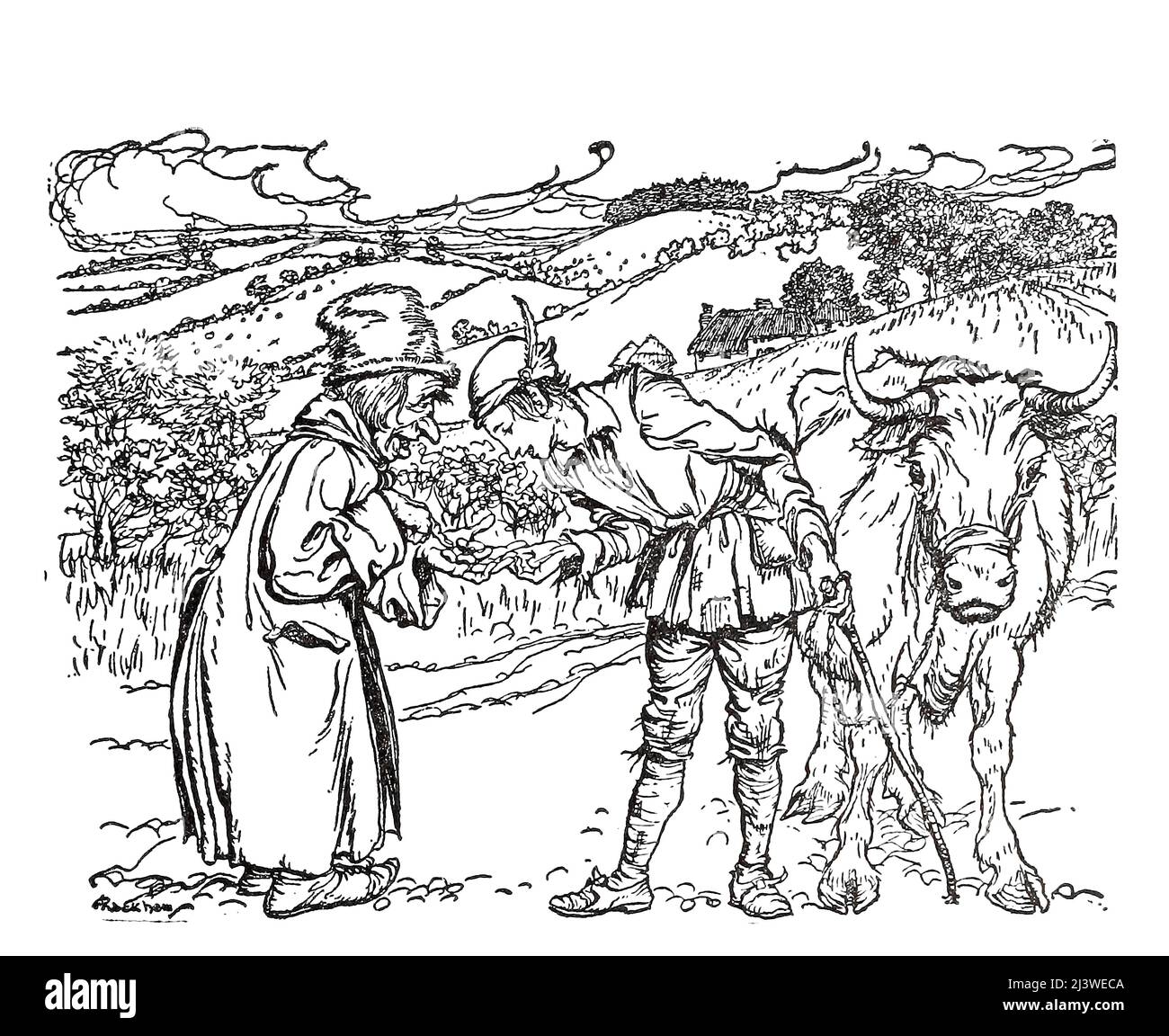 Jack e il Beanstalk dal libro ' English Fairy Tales ' ripubblicato da Flora Annie Steel, Webster, illustrato da Arthur Rackham, Editore New York, la società Macmillan 1918 Foto Stock