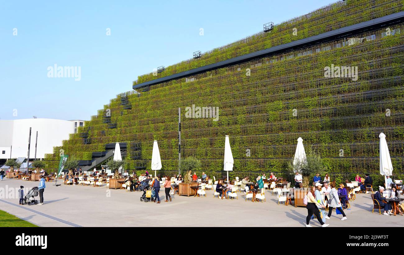 Facciata a clima favorevole coperta da siepi di carpino e ristorante all'aperto presso l'innovativo Kö-Bogen II di Ingenhoven Architects di Düsseldorf. Foto Stock