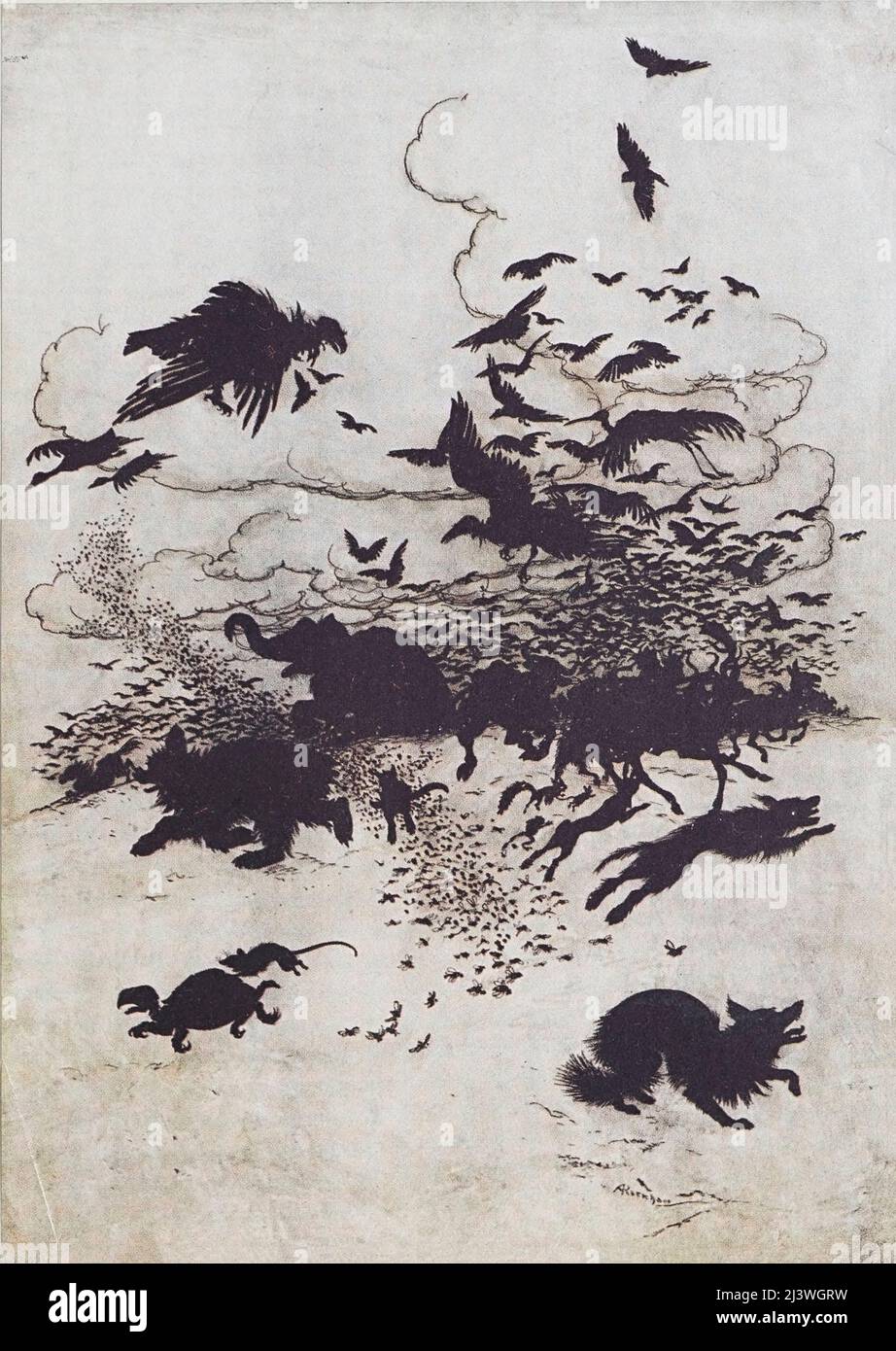 Al terzo pungiglione la volpe urlò, e scese la coda tra le gambe da ' The Wren and the Bear ' dal libro ' Hansel & Grethel : & other tales ' di Jacob Grimm, Wilhelm Grimm, illustrato da Arthur Rackham, Editore di Londra : Constable & Co., Ltd 1920 Foto Stock