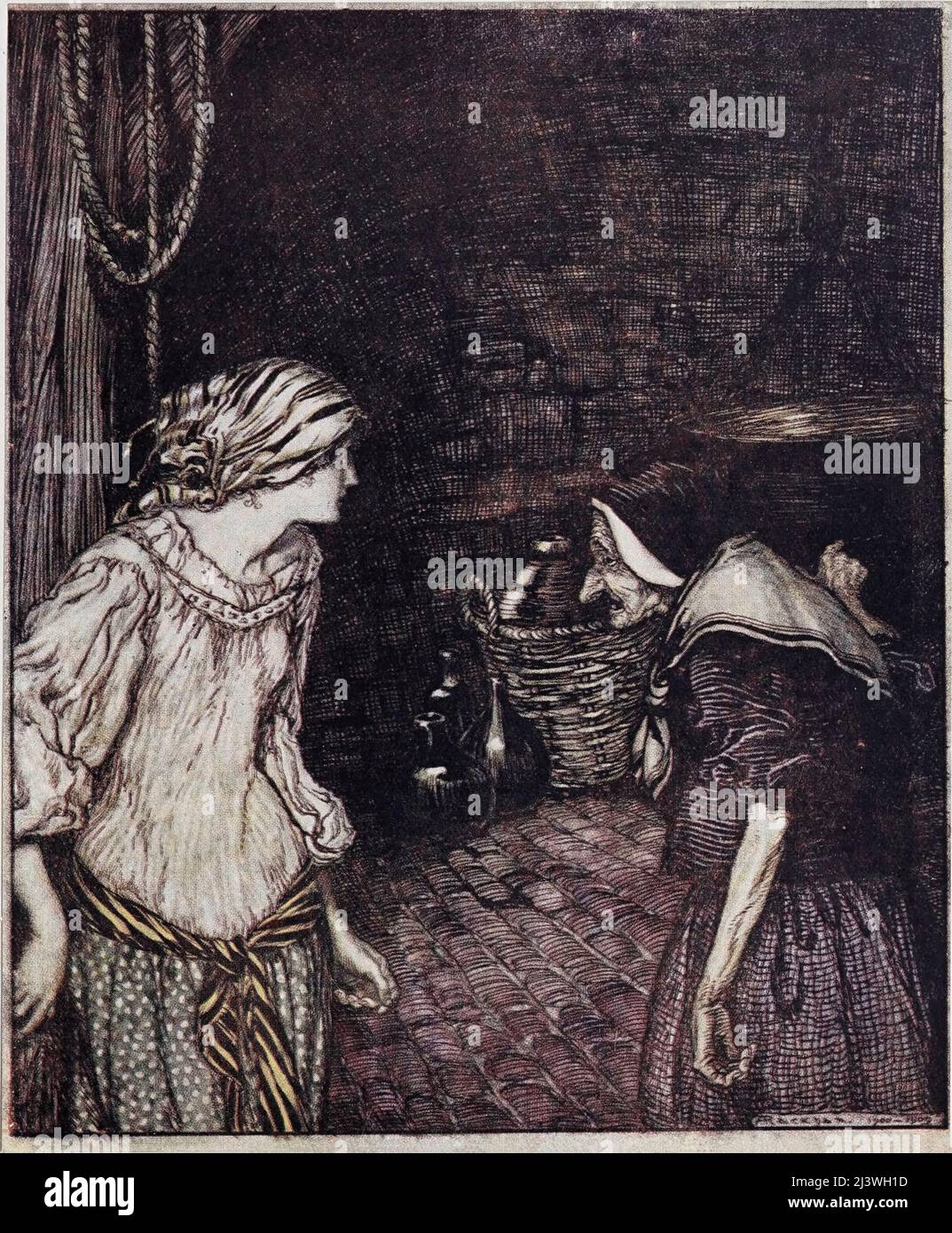 Finalmente raggiunse la cantina, e là trovò una vecchia, vecchia donna con una testa tremante da ' The Robber Bridegroom ' dal libro ' Hansel & Grethel : & other tales ' di Jacob Grimm, Wilhelm Grimm, illustrato da Arthur Rackham, Editore Londra : Constable & Co., Ltd 1920 Foto Stock