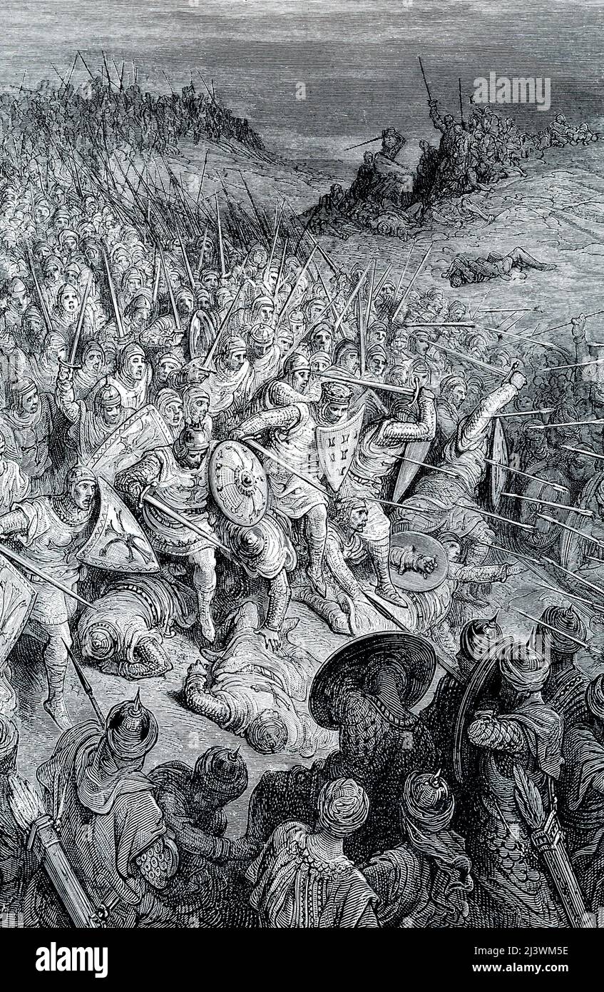 La didascalia del 1906 recita: “BOHEMOND CHE GUIDA I CROCIATI A DORYLEUM.—Bohemond di Tarentum, un gigantesco cavaliere normanno, per quanto astuto fosse forte e coraggioso, era uno dei capi eroi della prima crociata. A Doryleum lui e il suo esercito erano circondati da un numero di Mahometani molto superiore; ma Boemond che si sciolse, tenne vicini i suoi uomini, nonostante tutti gli infedeli li rivestivano dalle loro file. In questo modo i crociati si mantenevano fino all'arrivo dei rinforzi, quando sconfissero completamente i Mahometani". La Battaglia di Dorylaeum ebbe luogo durante la prima Crociata Foto Stock